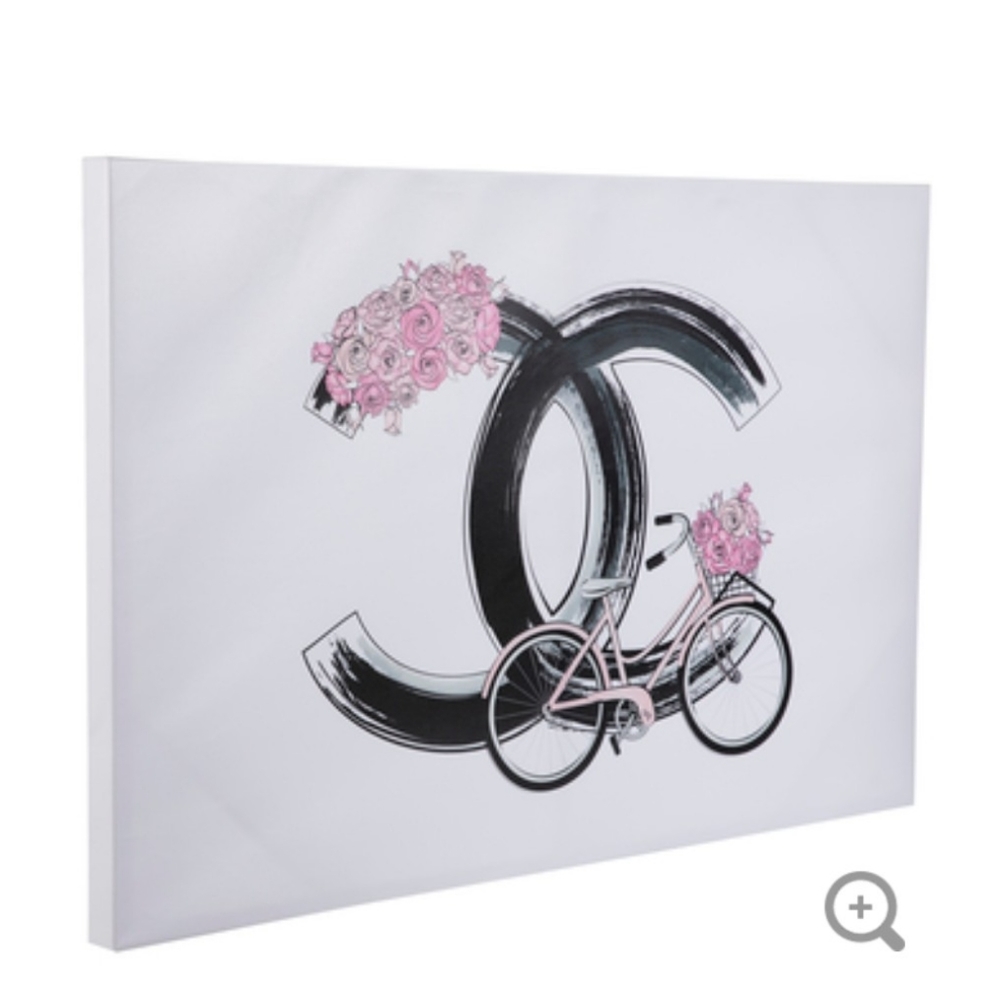 Pink Bicycle Canvas Wall Art with Black Logo Motif